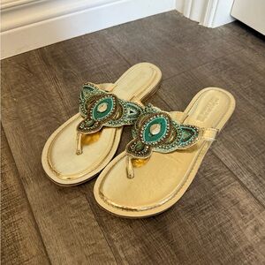 Gold and Green Sandals with Beaded Design